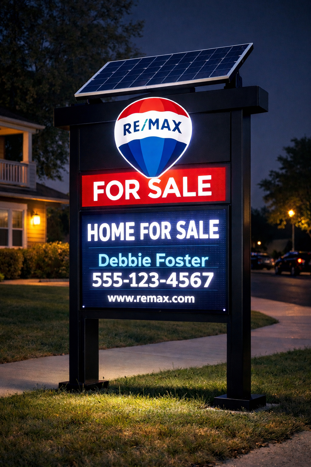 Solar-powered RE/MAX real estate sign illuminated at night